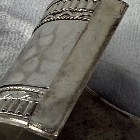 Wide Hammered Silver Tone Metal Cuff Bracelet Braided Textured Edging Boho - Picture 12 of 16